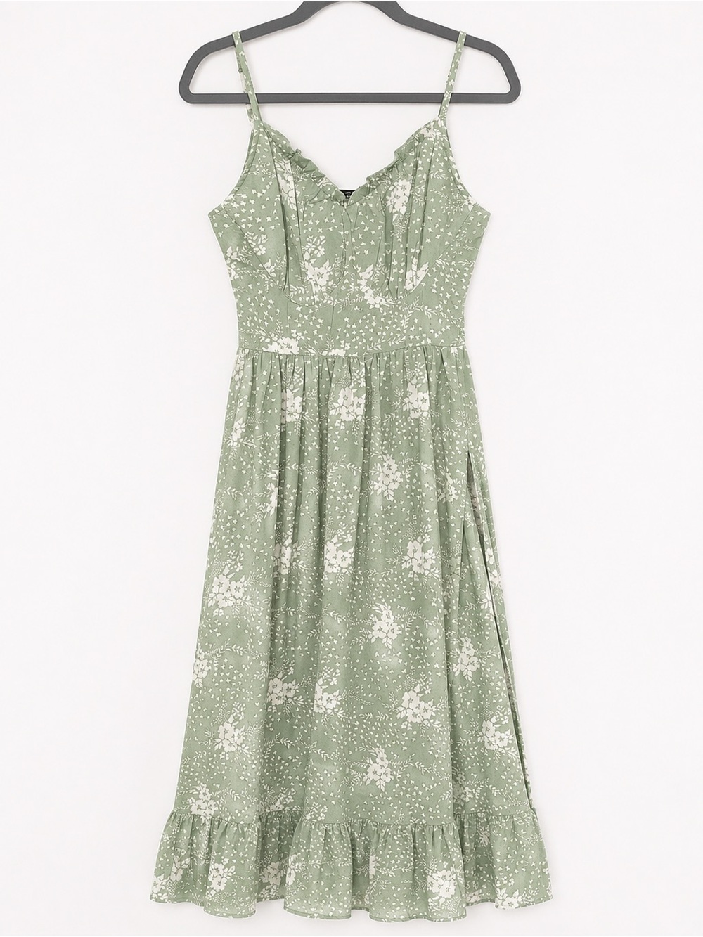 NWT Green Floral Midi Sundress with Ruffle Hem